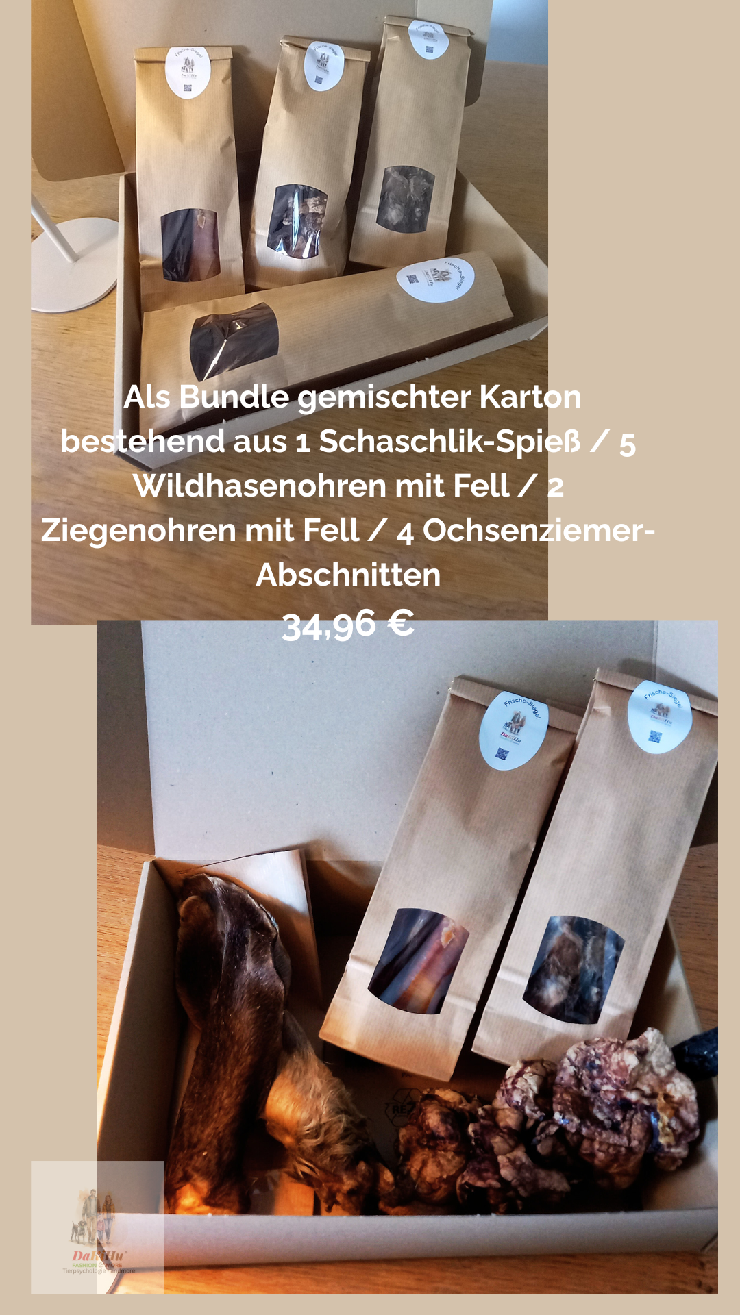 Probierpaket "Schaschlik-Spieß / Wildhasenohren mit Fell / Ziegenohren mit Fell / Ochsenziemer-Abschnitte Bundle"